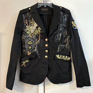 COOGI Womens Blazer Black Embroidered Rhinestones Military Patch Gold Y2K Edgy